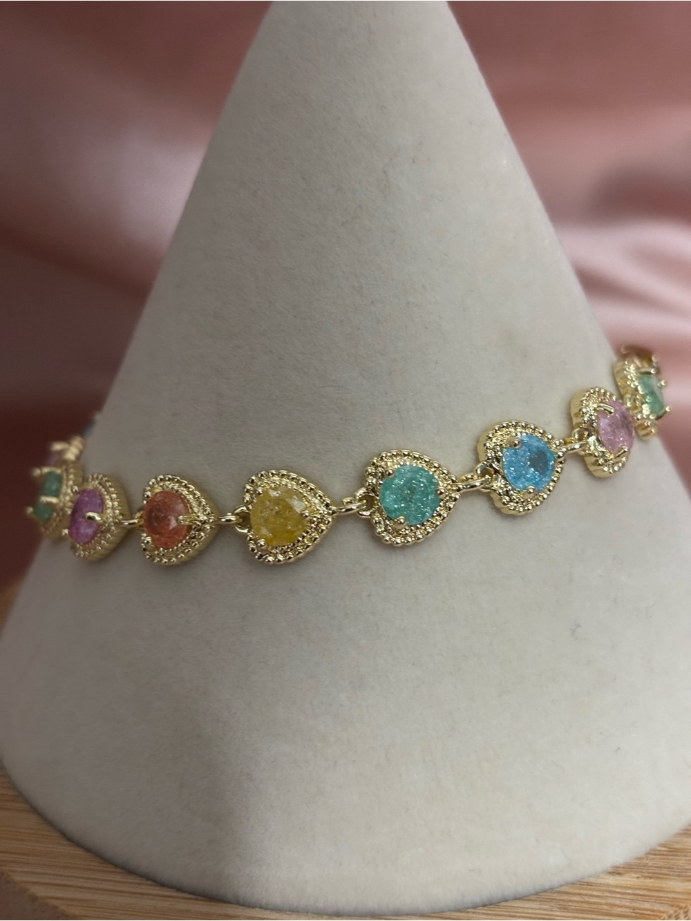 Gold Heart Link Bracelet with Multicolor Druzy Accents